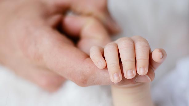 Hand eines Erwachsenen hält eine kleine Babyhand